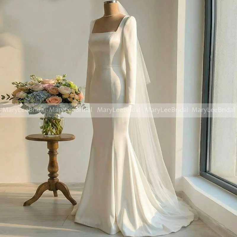 Minimalism Satin Wedding Dress with Long Sleeves Modern Square Collar Plain Satin Mermaid Bridal Gowns Robe De Mariee Customized