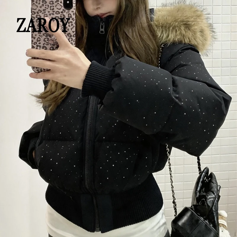 ZAROY Women Winter Jacket Bling Rhinestone Fur Collar Hooded Zipper Warm Thick Cotton Short Coat Streetwear Padded Outerwear