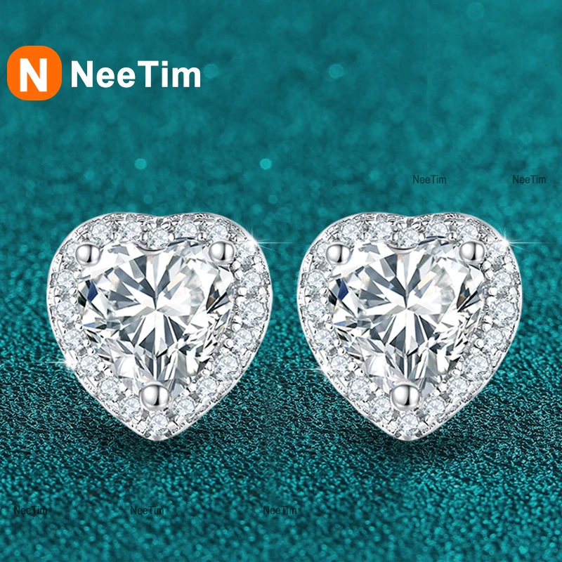 

NeeTim 0.5ct 1ct 2ct Heart Cut Moissanite Studs Earrings for Women Lab Diamond 925 Sterling Silver Women's Earring Wedding Stud