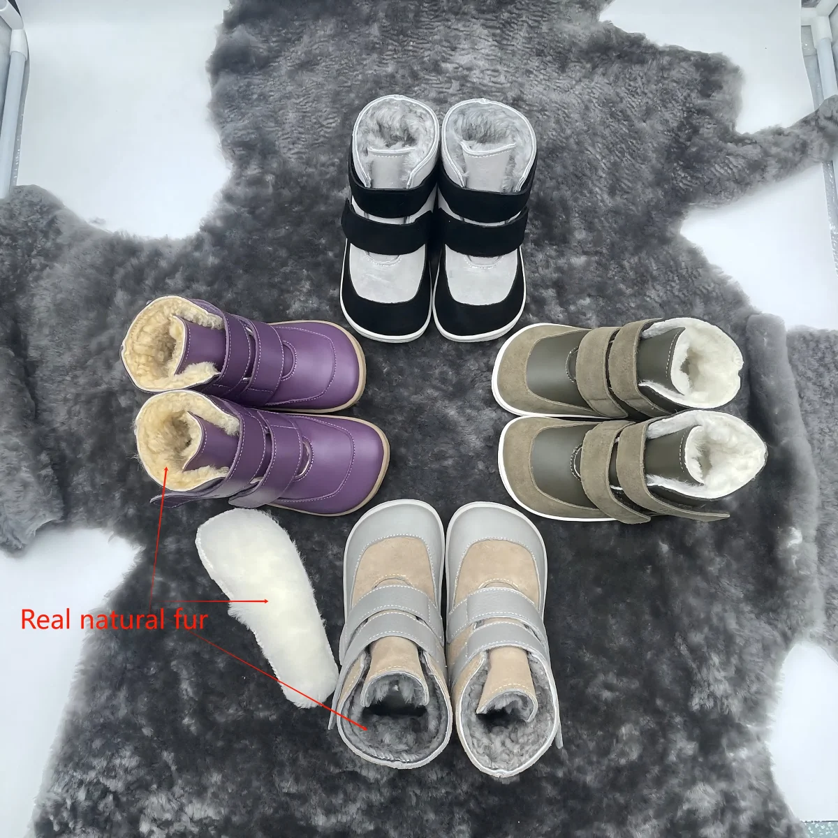 TipsieToes Genuine Leather Winter Barefoot Two Straps Winter Boot With Real Fur Lining Insole Baby Toddler Girl Boy Kids Warm