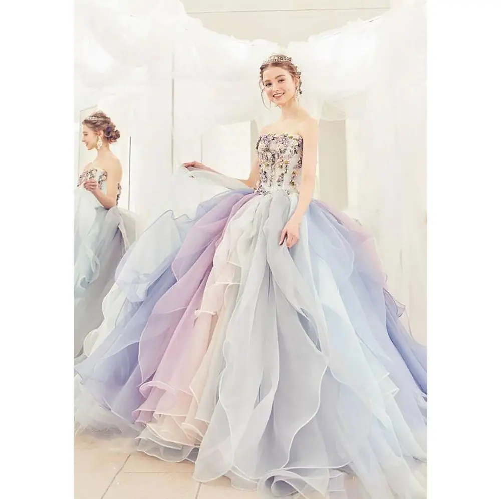 Multi Color Strapless Princess A-Line Evening Dress Fashion Female Custom Made Gown Vestido de novia