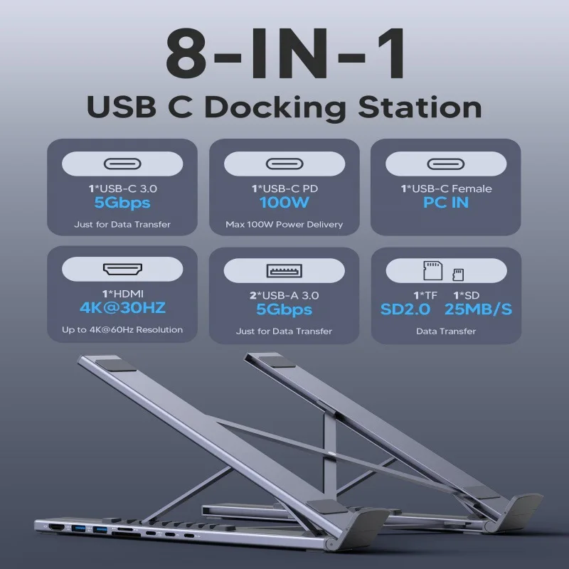 New Aluminum Alloy HUB Multi-interface HDMI Eight-in-one Laptop Folding Bracket 2026