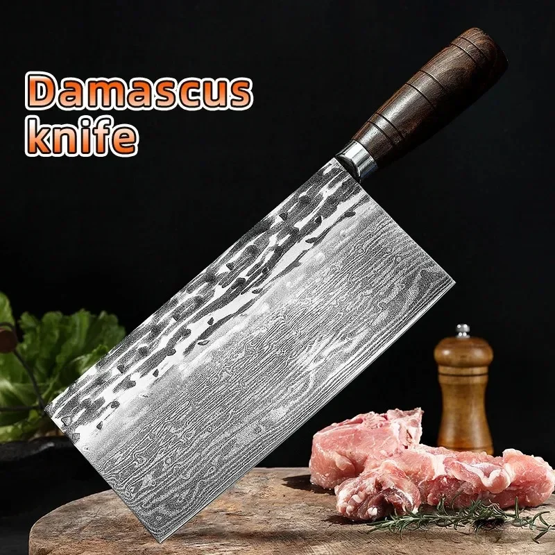 Damascus Steel Butcher Knife Heavy Forged Kitchen Bone Chopping Knife Wood Handle Cleaver Meat Chef Cook Slicer Knife