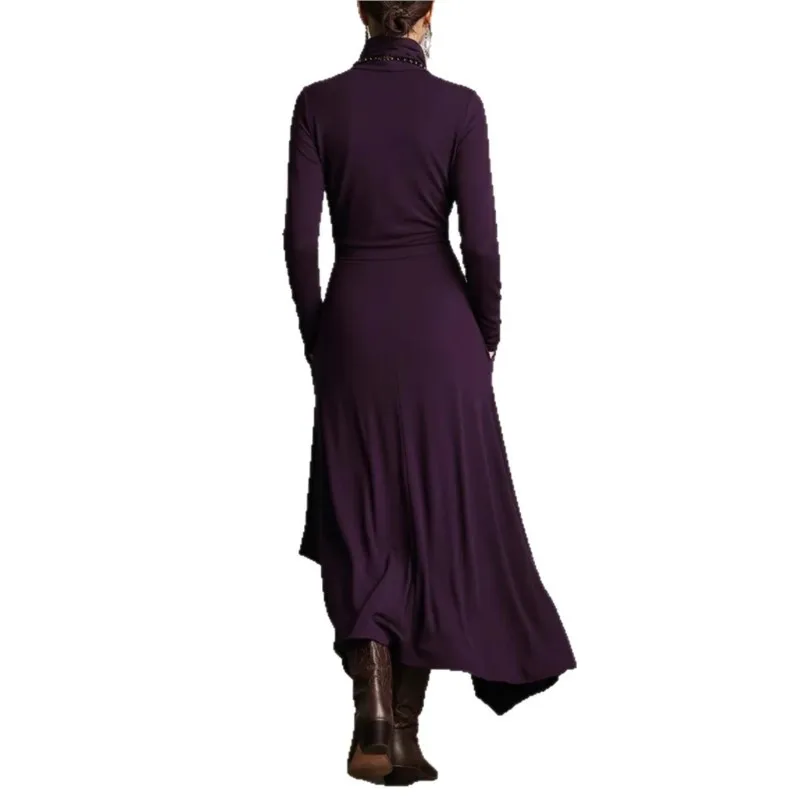 Asymmetrisches Kleid mit Vintage-Tasche für Damen, langärmelig, einfarbig, Rollkragen, minimalistisch, Retro, lässig, Herbst, lange Kleider 2026