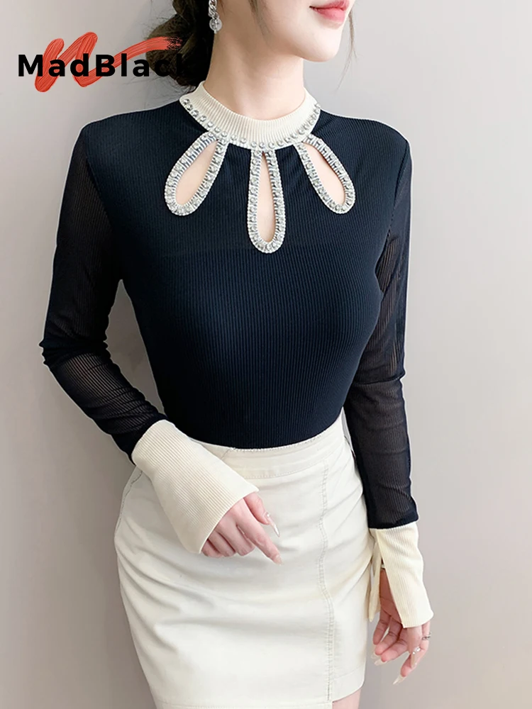 

MadBlack-Женская европейская футболка, сексуальная футболка с круглым вырезом и бисером, уличная тонкая футболка S-3XL с длинными рукавами, осенняя новинка 2025 года T5O415CC