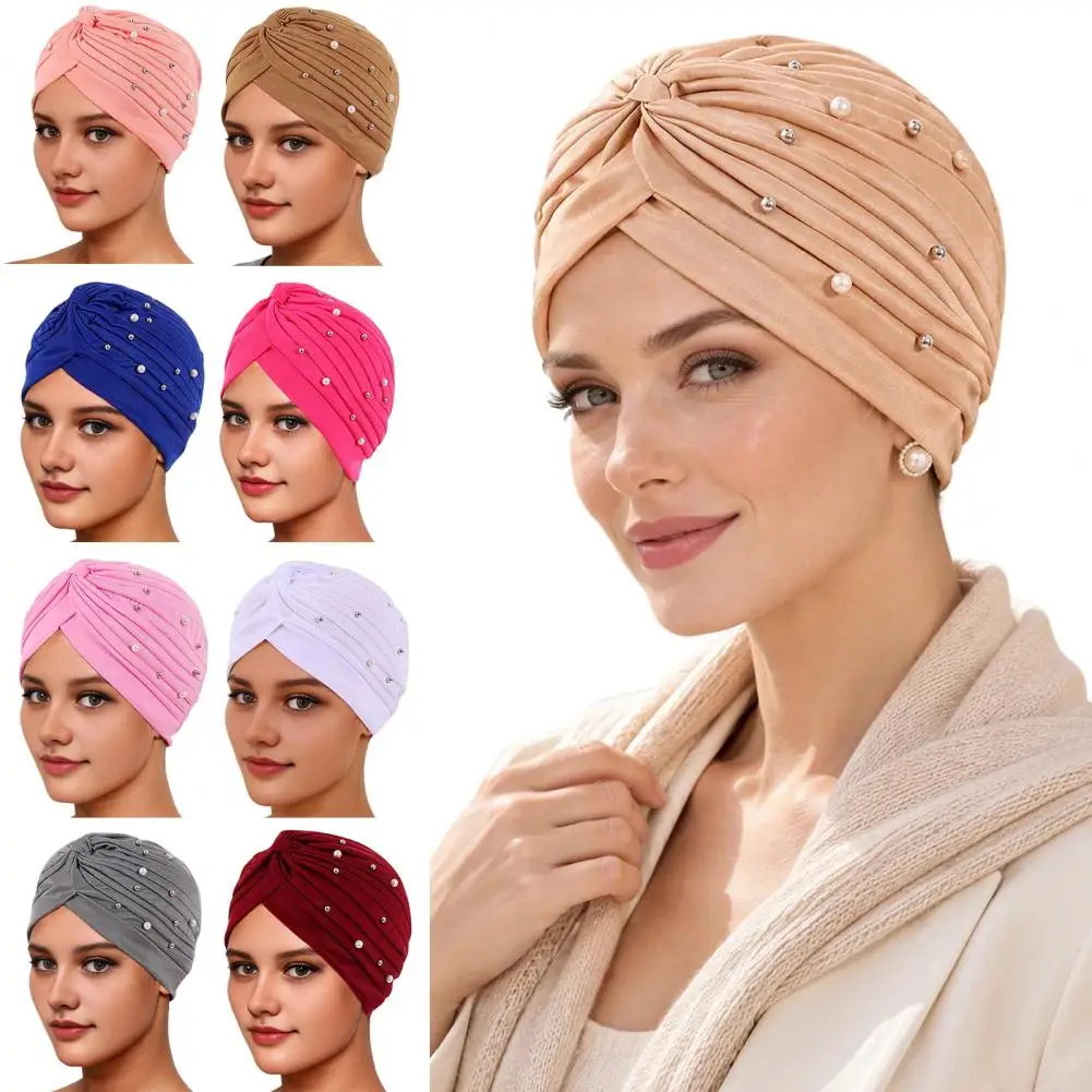 Soft Chemo Cap Hair Loss Accessory Soft Ethnic Turban Hat Breathable Polyester Head Wrap Comfortable Solid Color for Sleep