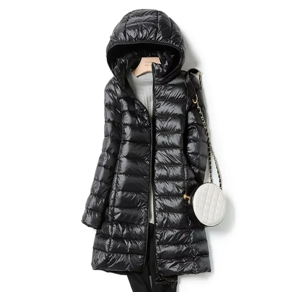 Fashionable Outerwear Winter Women Korean Fashion Slim Remove Hooded Parka Down Jackets Long Light Thin Coat Puffer Jacket
