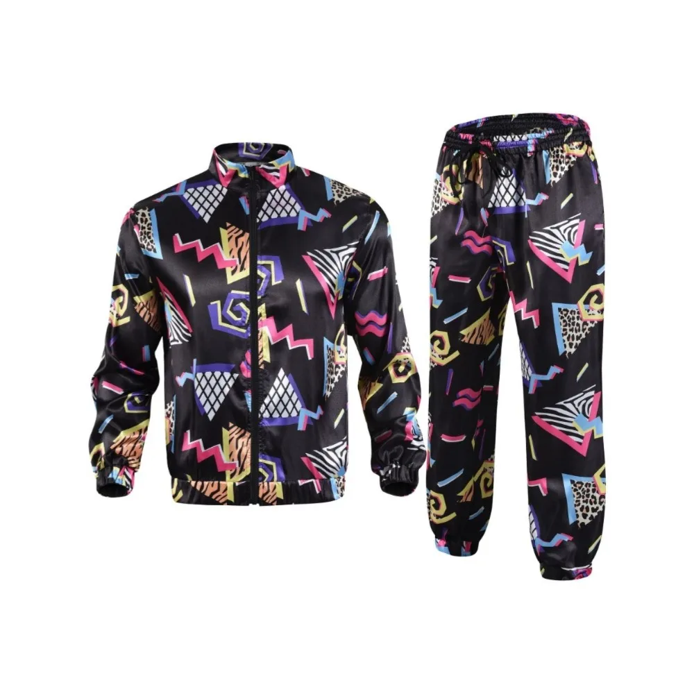 Men's Functional 80s Tracksuit, Bold Geometric Satin Outfit for Daily Work, Halloween Costume & Practical Commute