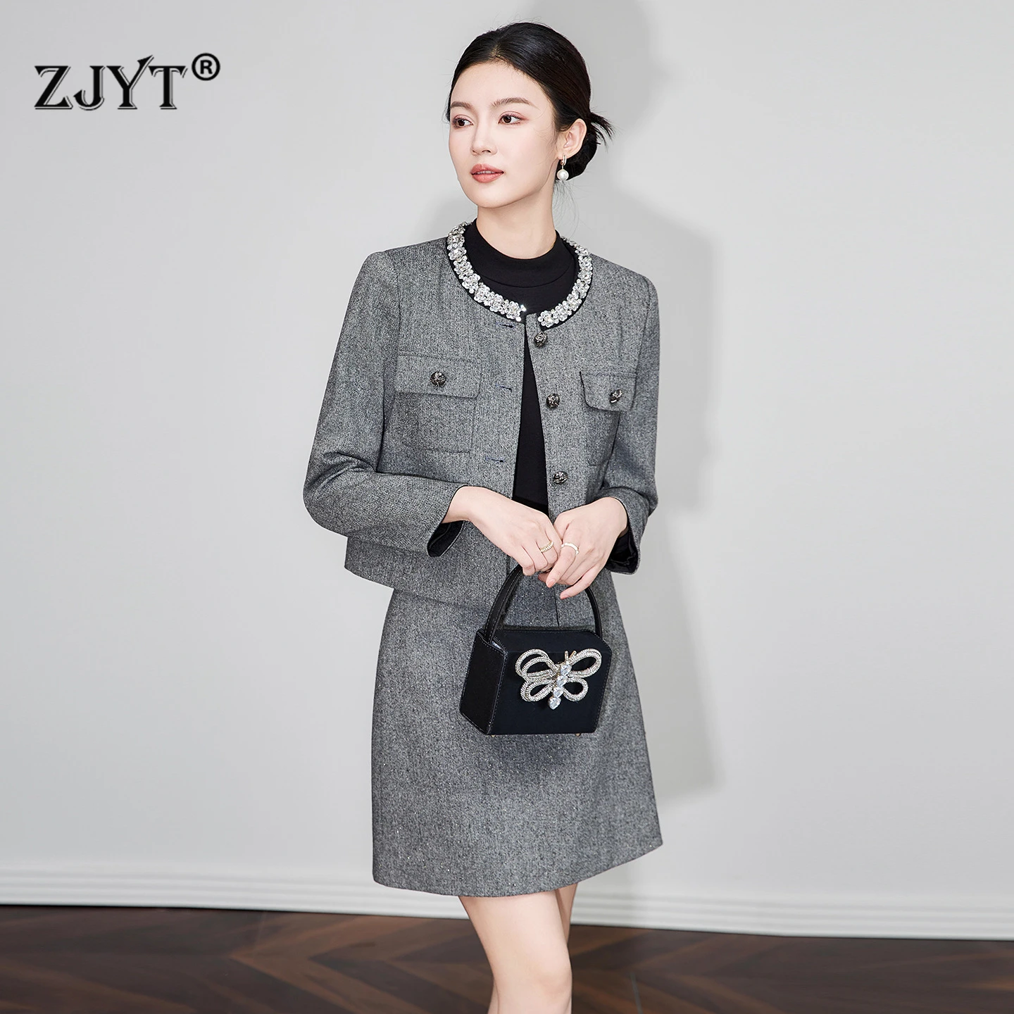 

ZJYT Elegant Luxury Diamonds Woolen Jacket and Skirt Suit Autumn Womens Two Piece Outfit 2025 New Fashion Grey Party Dress Sets