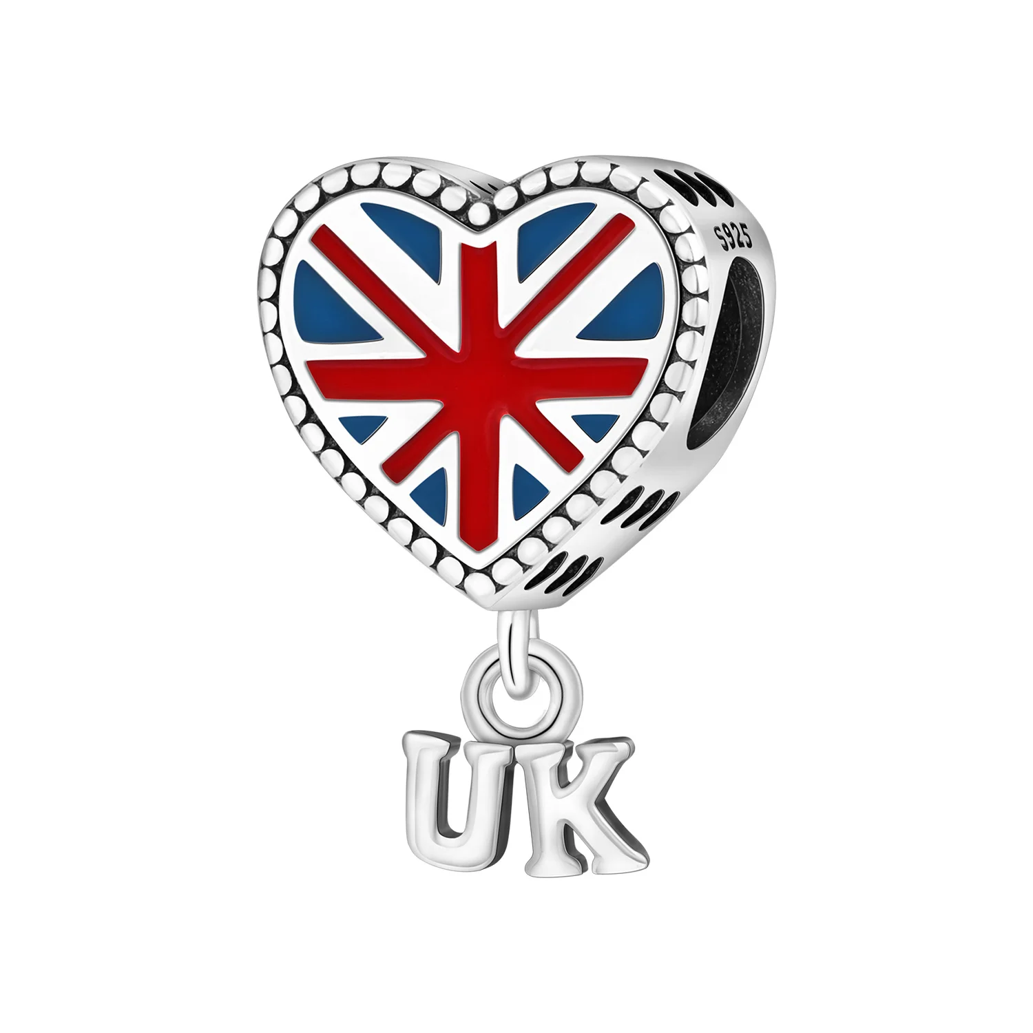 CYCUFF 925 Sterling Silber Herzförmige Britische Flagge Anhänger Armband Charms Passend für Schmuck Party Perlen DIY Edle Geschenke
