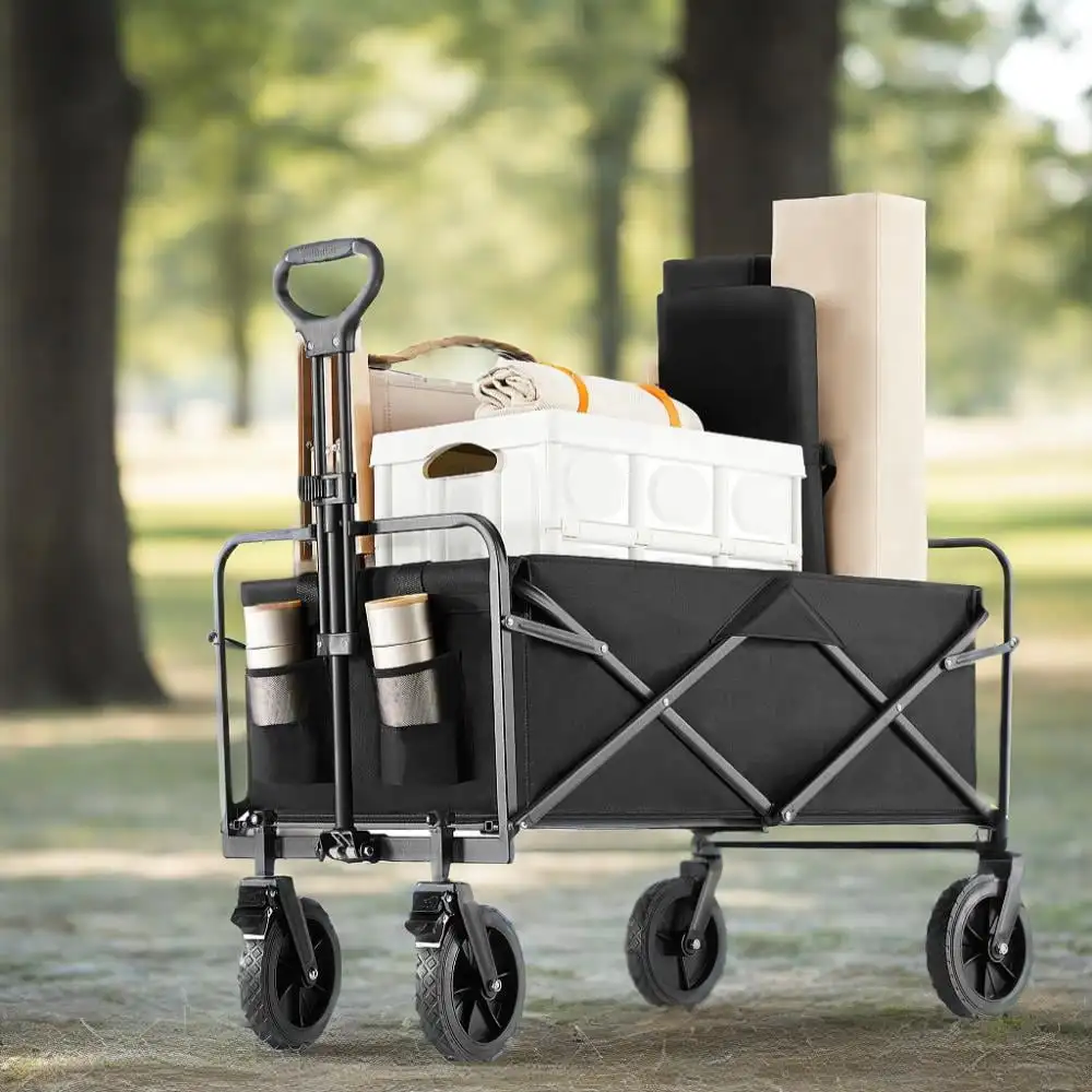 

GIANNA Foldable Utility Cart, Large Capacity Shopping Wagon Cart with Drink Holders Black