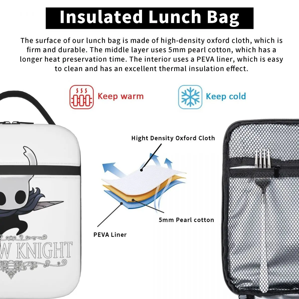 Hollow Knight Game Sac à lunch isotherme, boîte de rangement des aliments, boîtes à lunch thermiques portables pour l'école et le bureau