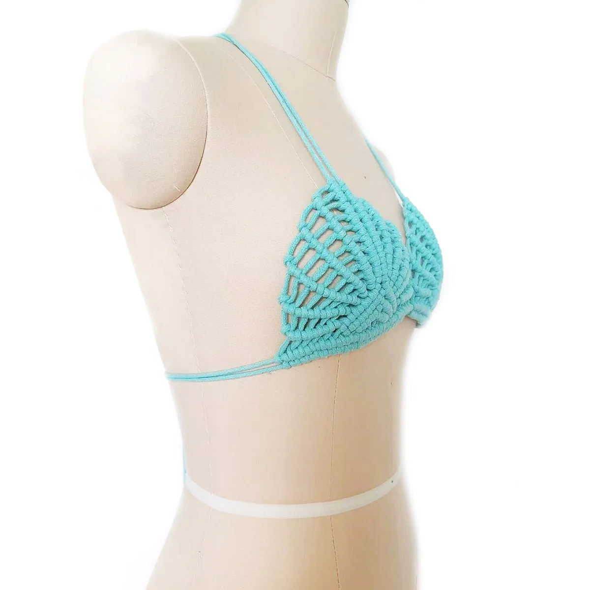 ハンドメイドの青い貝殻マクラメブラ、女神マーメイドビスチェ、ボヘミアンビキニトップ、ビーチカバーアップ、セクシー水着、レイブ衣装、編み込みトップ