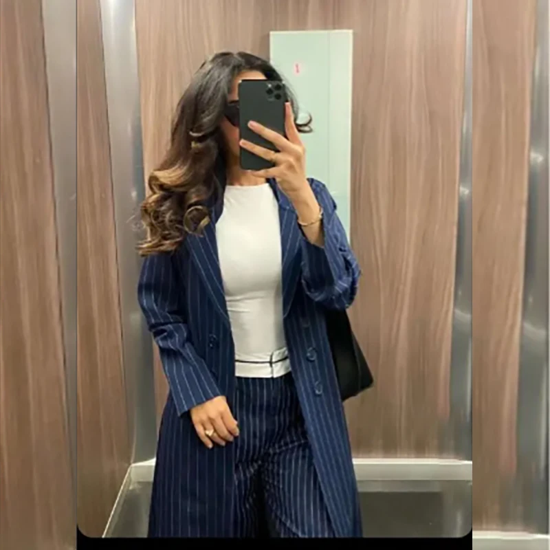 

Double Breasted Women Abayas Blazers Blue Stripe Long Jacket Pants 2 Piece Muslim Luxury Dubal Female Clothing Costume Blazer