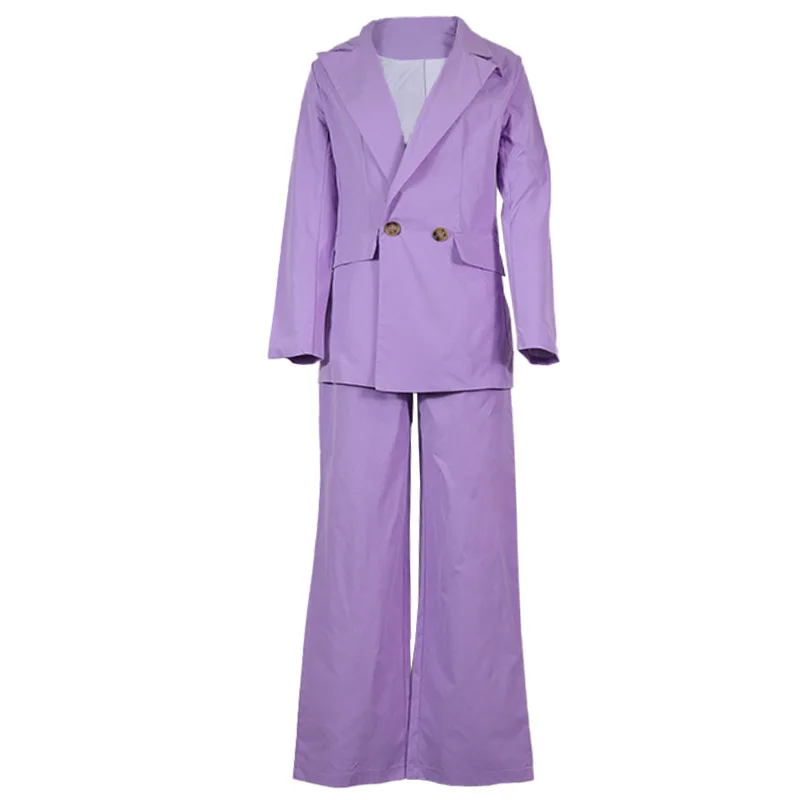 Womens Purple Solid Design Corduroy Blazers Notched Double Breasted and Chic Solid Trouser Korean Style Spring Fall All-match