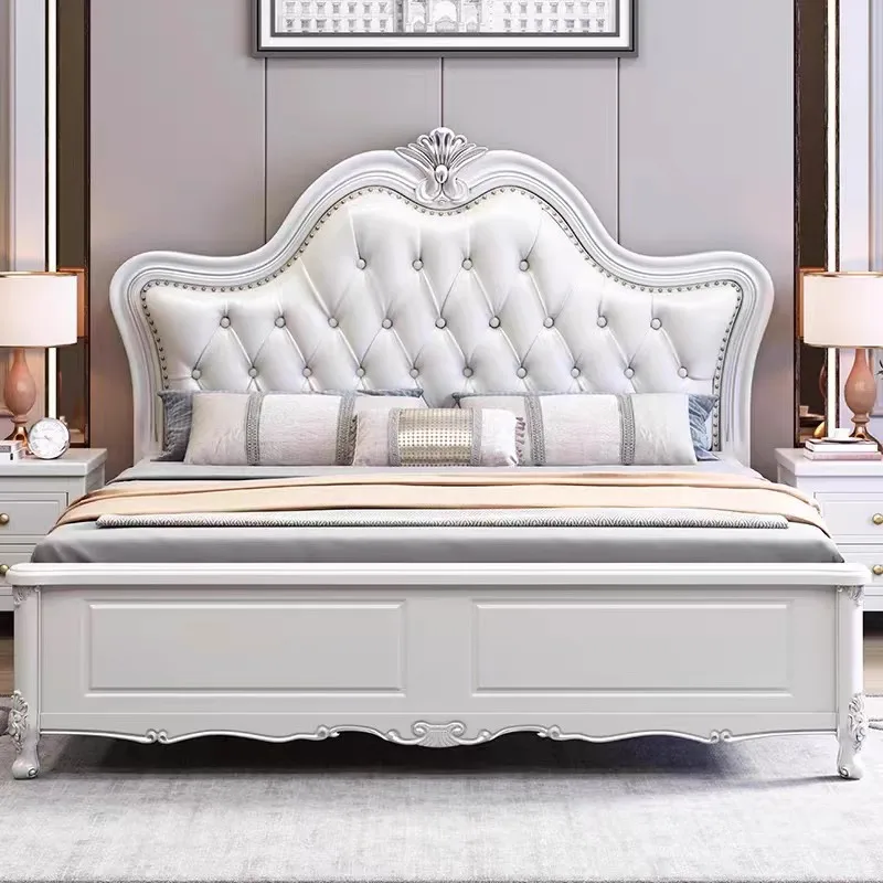 American White Double Bed Frame European Style Comferter Luxury King Bed Princess Wood Le Lit Pour 2 Personnes Bedroom Furniture