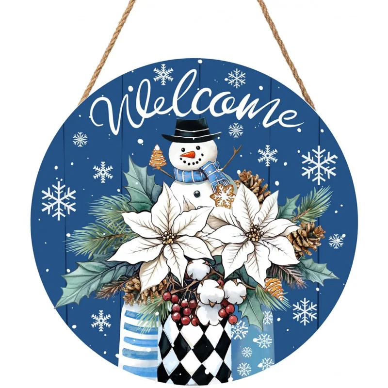 

Merry Christmas Door Number Welcome Winter Blue Front Door Logo Snowman Wooden Door Decoration 30X30CM