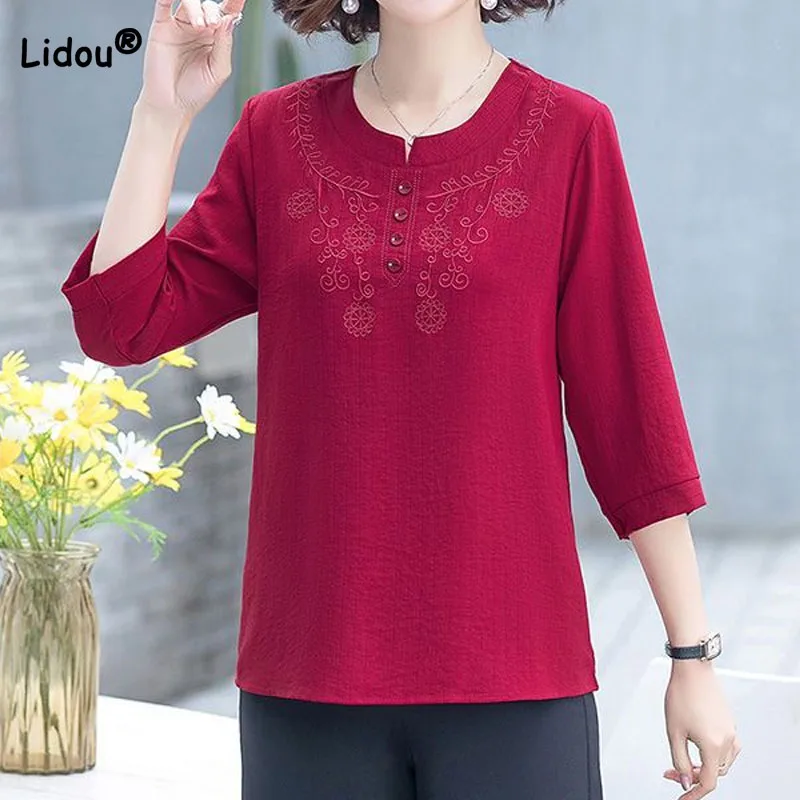 

Fashion All-match Solid Color Embroidery Tops for Women 3/4 Sleeve Summer Casual Button Spliced O-Neck T-shirt Female Clothing