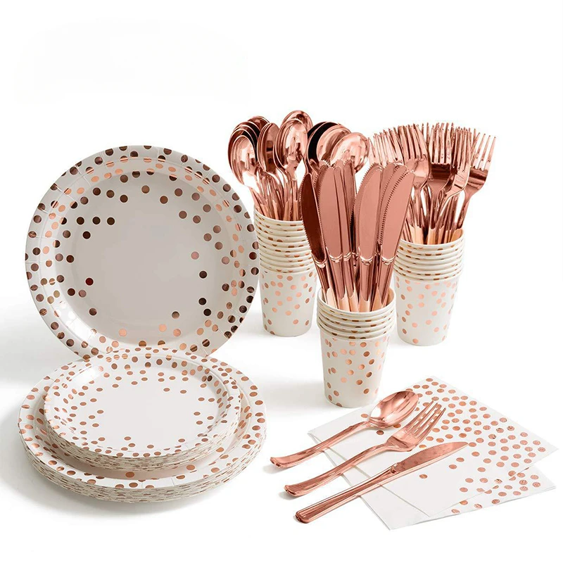 Rose Gold Party Tableware Kit Table Cloth Knife Fork Spoon Paper Cup Plate Straws Baby Shower Wedding Birthday Party Decorations