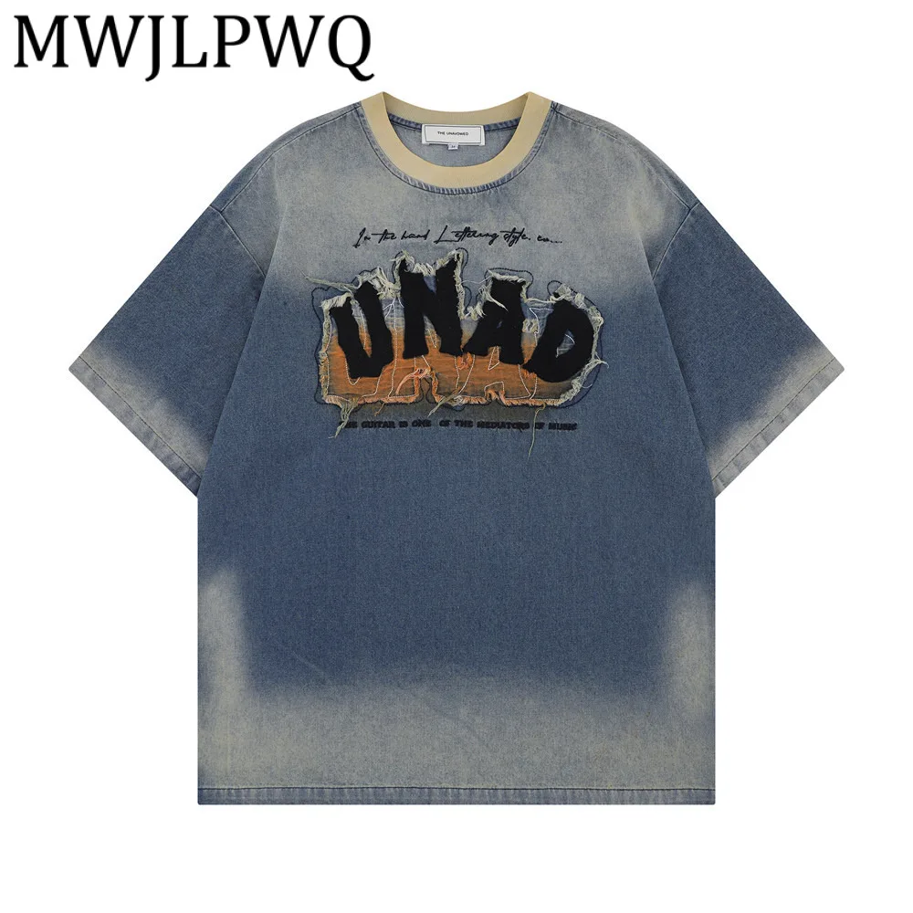 

MWJLPWQ American Style Letter Patch Embroidery Short Sleeve T-Shirt Men's Summer Trendy Street Gradient Color Block Tops 21877