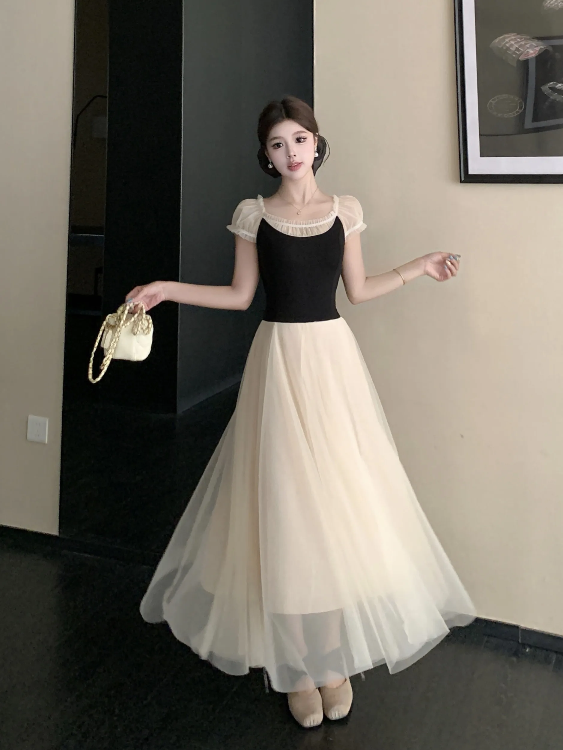

plus Size Ballet Style Fairy Skirt Dress Color Block Mesh Splice Slimming Design Korean Commute Style A-Line Long Dress