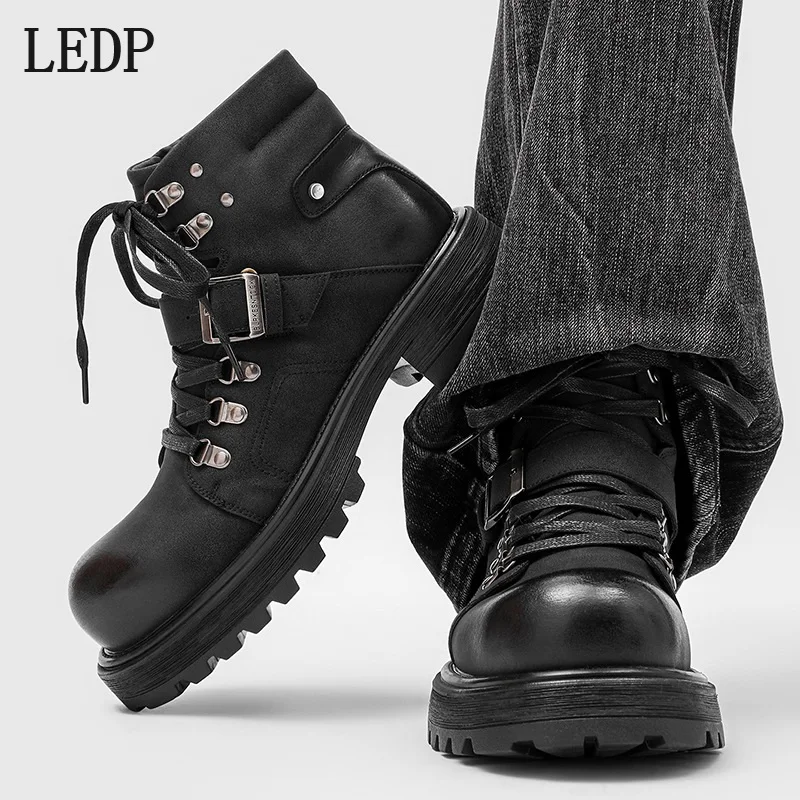 

LEDP Thick-Soled Derby Boots for Men 2025 Winter New Style Outdoor Lace-Up Mid Calf British Fan Style Chelsea Boots