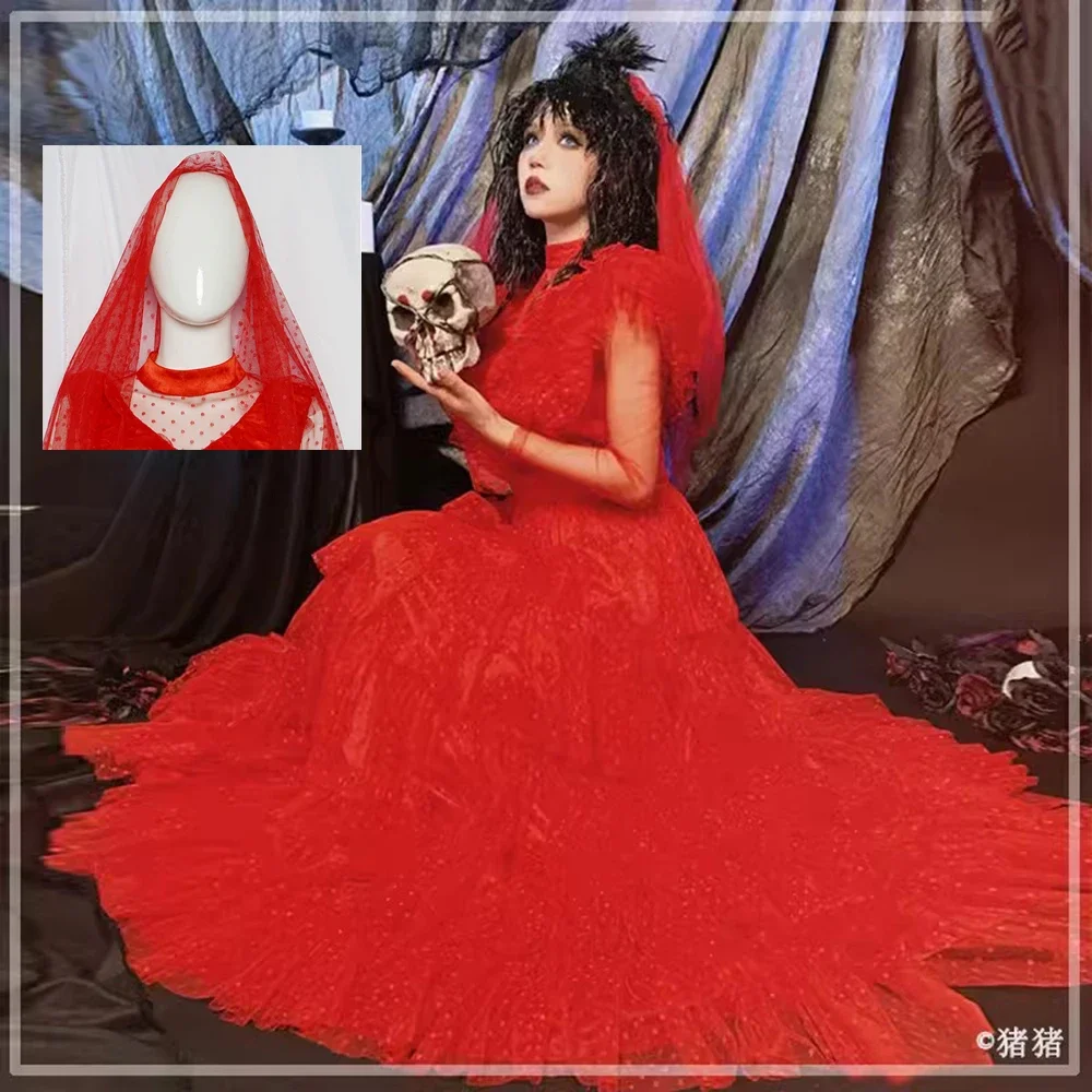 

Новинка 2025 года, карнавальный костюм Лидия, красное свадебное платье, женское платье в стиле ретро с длинными рукавами, кружевное тюлевое платье невесты, костюм для вечеринки на Хэллоуин