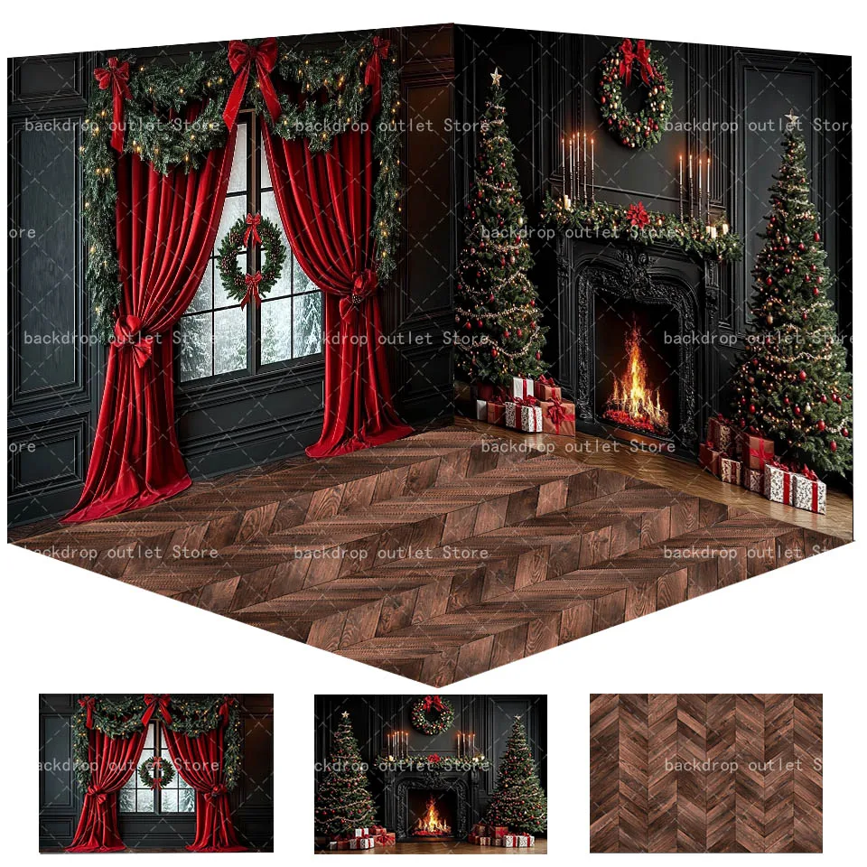 Mehofond Christmas Fireplace Photography Backdrop Classic Black Wall Window Red Curtain Kids Adult Portrait Background Decor