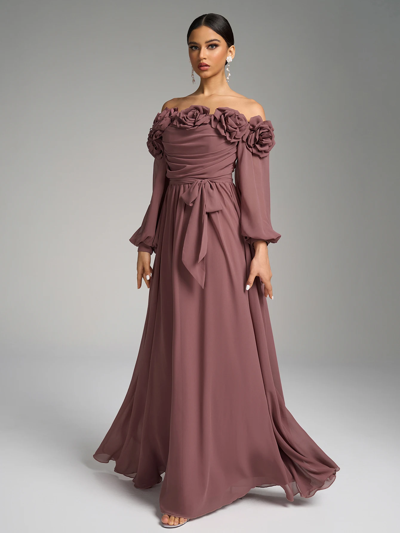 UNITHORSE Abito monospalla con maniche a lanterna e decorazione floreale, elegante abito da sera lungo fino al pavimento