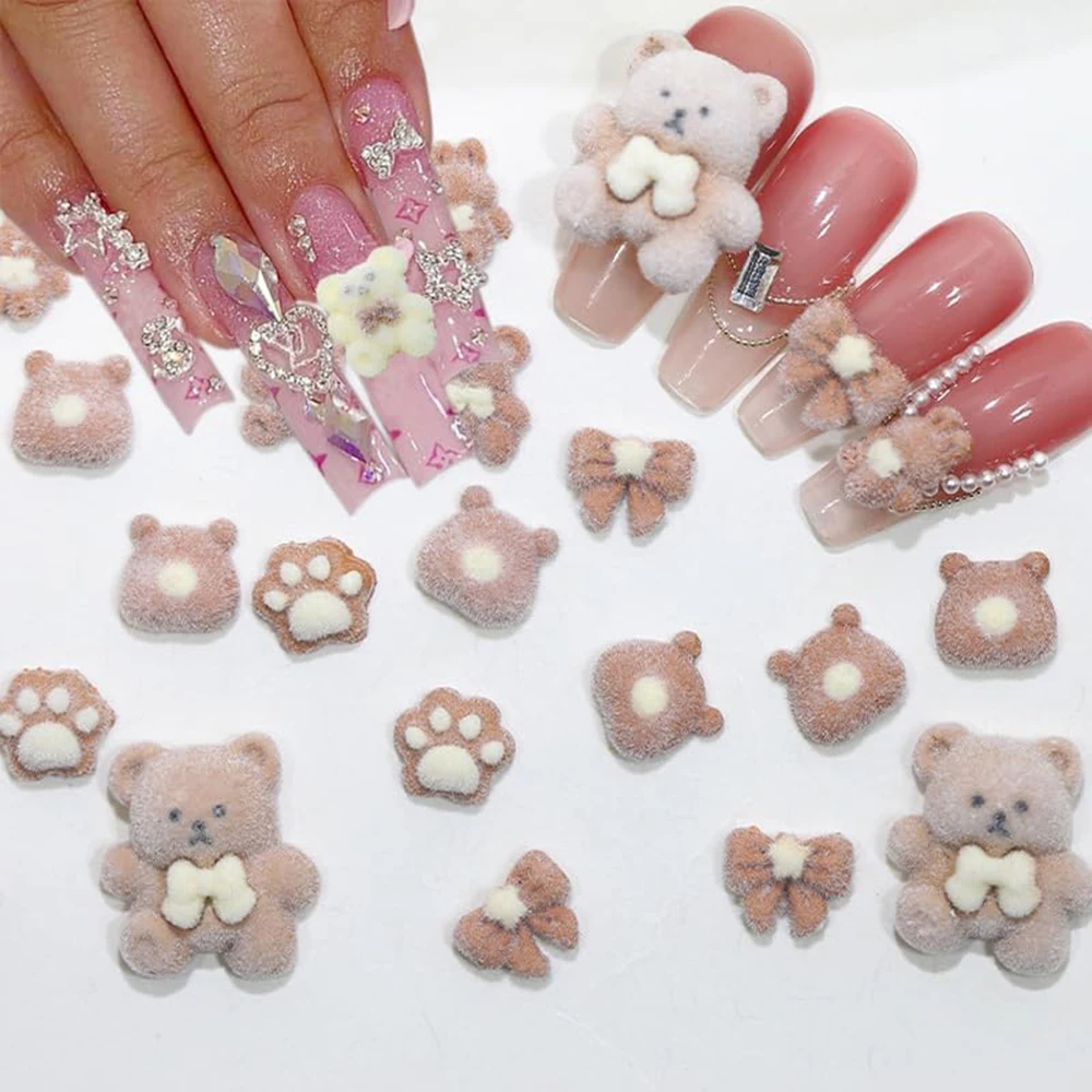 20pcs/Bag Mix Bear Nail Charms Plush 3D Cute Nail Charms Decoration Coffee Color Rhinestone for Manicure Suger Bow Parts