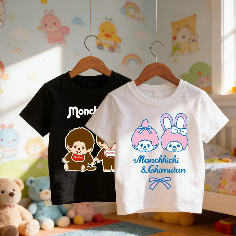 

Monchhichi T-shirt Children Short Sleeves Cute Cartoon T Shirt Fashion Cotton Round Neck Tees Boy Girl Tops Kids Summer Clothes