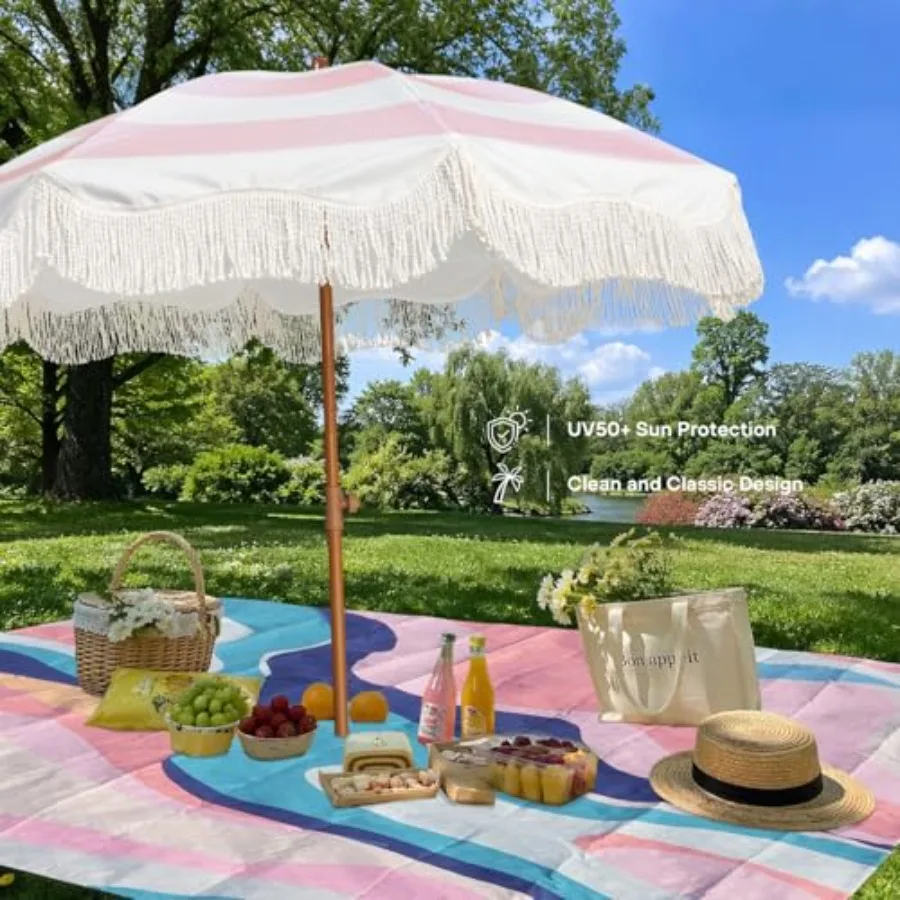 Boho Fringe Umbrella with Outdoor Blanket, 6.5ft UPF50+ Picnic Umbrella with Tassels with Steel Pole and Push Button Tilt