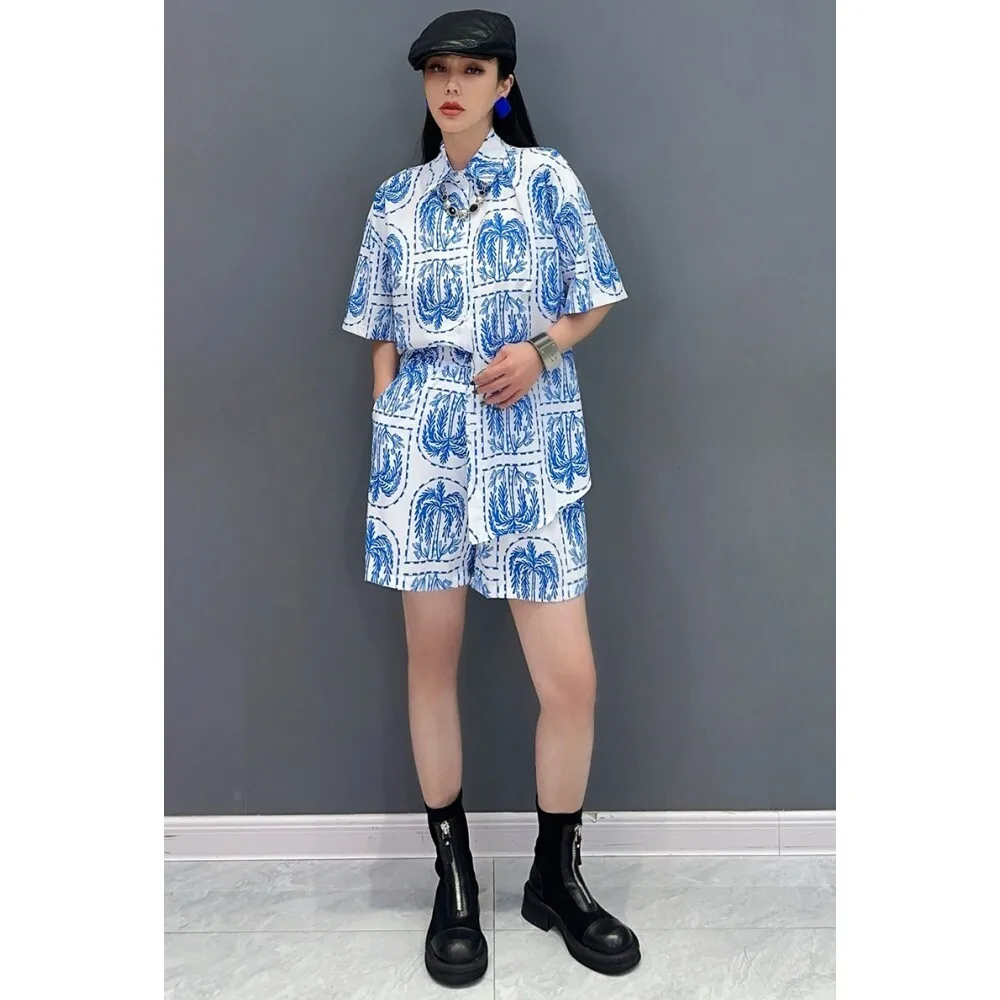 

2024 Summer New Casual Blue Short Set Women Trendy Cool Print Graffiti Loose Short Sleeved T-shirt + Shorts Two Piece Set ZF046