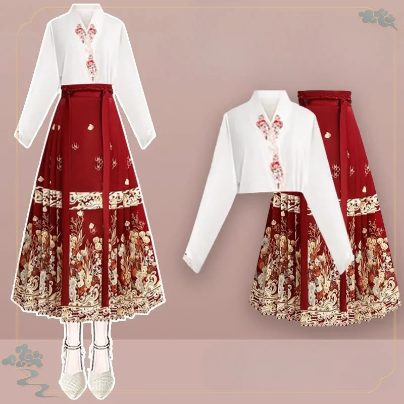 Chinese Style Hanfu Top Set for Women, Feminine Temperament, Red Horse Face Skirt, New Chinese Style, 2025, 2 Pcs Set