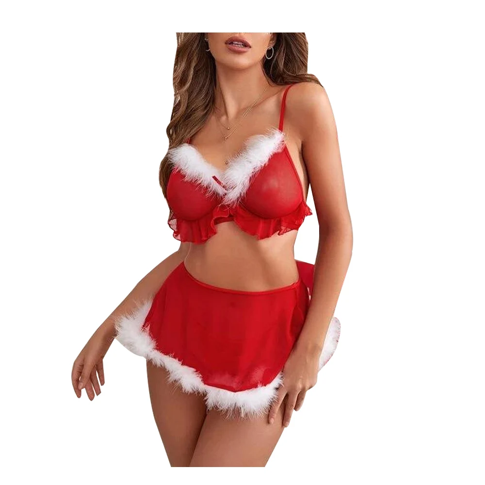 Christmas Erotic Costumes 2pcs/set Nightwear Babydoll Bra Skirt Sexy Lingerie Women 2 Pieces Role Play Sex Cosplay Briefs Bra