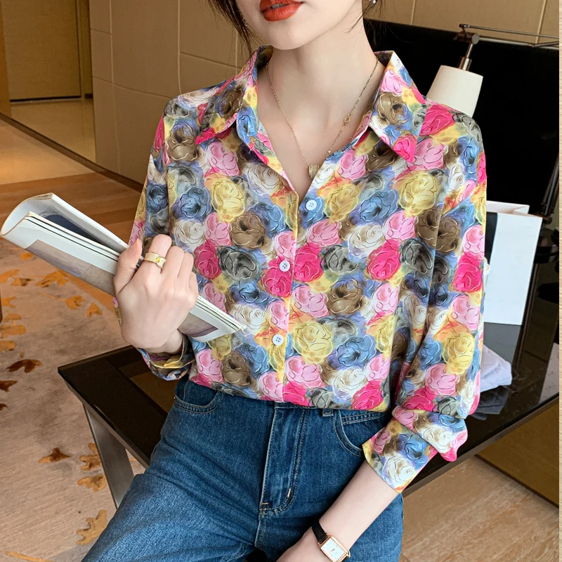 Women Spring Korean Fashion Loose Printing Silk Polo-Neck Long Sleeve Shirts Women Clothes Casual All-match Appear Thin Tops