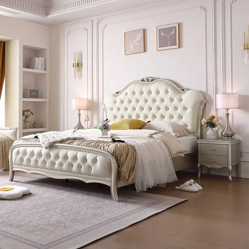 French solid wood bed 2 meters double large master bed 1.8 meters leather soft bag American light luxury high box storage bed ma