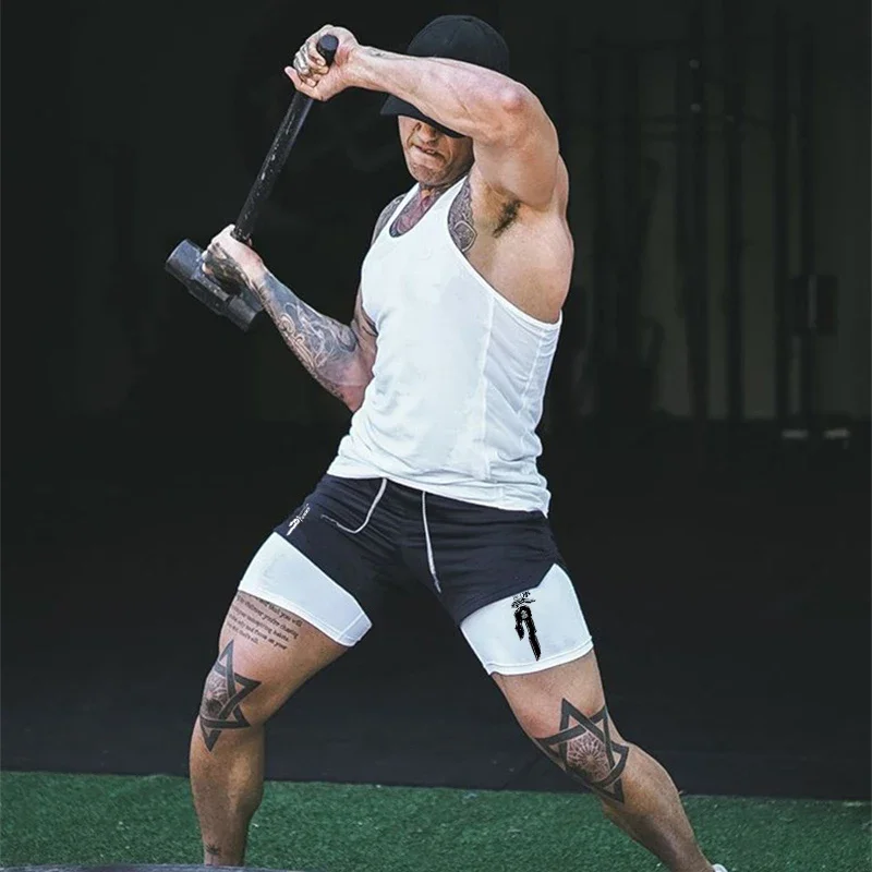 Cetak 2 in 1 Celana Pendek Latihan Lari untuk Pria Celana Pendek Kompresi Performa Gym dengan Lingkaran Handuk Saku Ponsel Pakaian Aktif Atletik