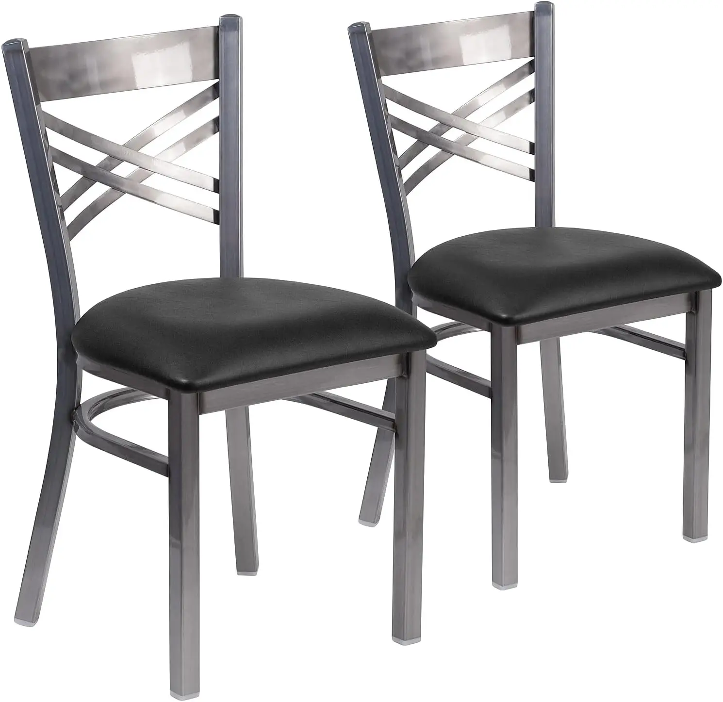 

Furniture 2 Pack Series Clear Coated ''X'' Back Metal Restaurant Chair - Black Vinyl Seat