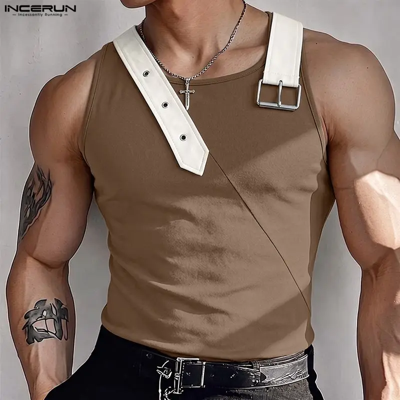 INCERUN Men's Tank Tops Belt Patchwork Sleeveless Summer Casual Male Vests Streetwear 2026 Fashion Men Clothes Tops For Man