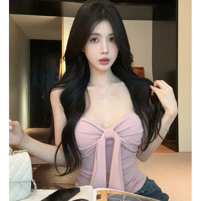 Sweet Temptation Pure Desire Design Knot  Strapless Crop Top Inner Wear Sexy Pink Wrap Chest Broadcasters Clothing