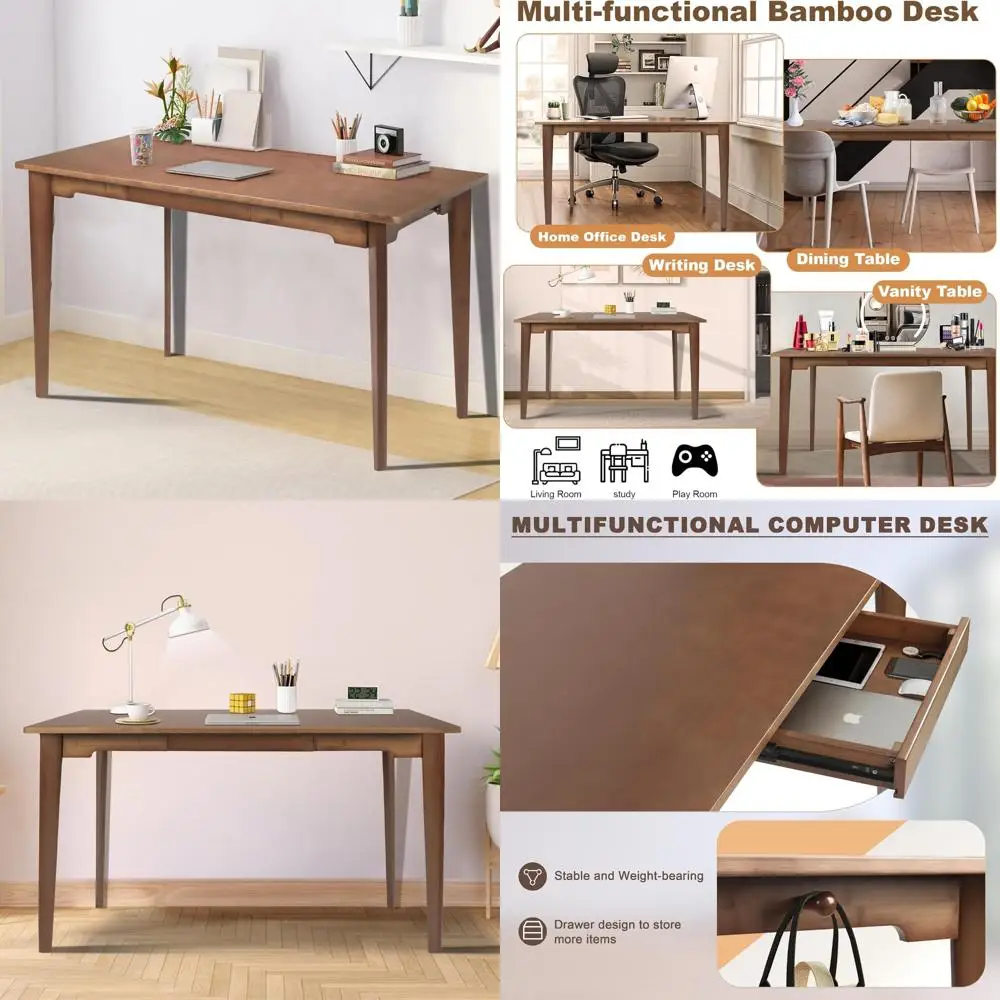 

Modern Bamboo Study Desk with Drawer: Multipurpose Home Office Writing Table for Comfortable Work and Study