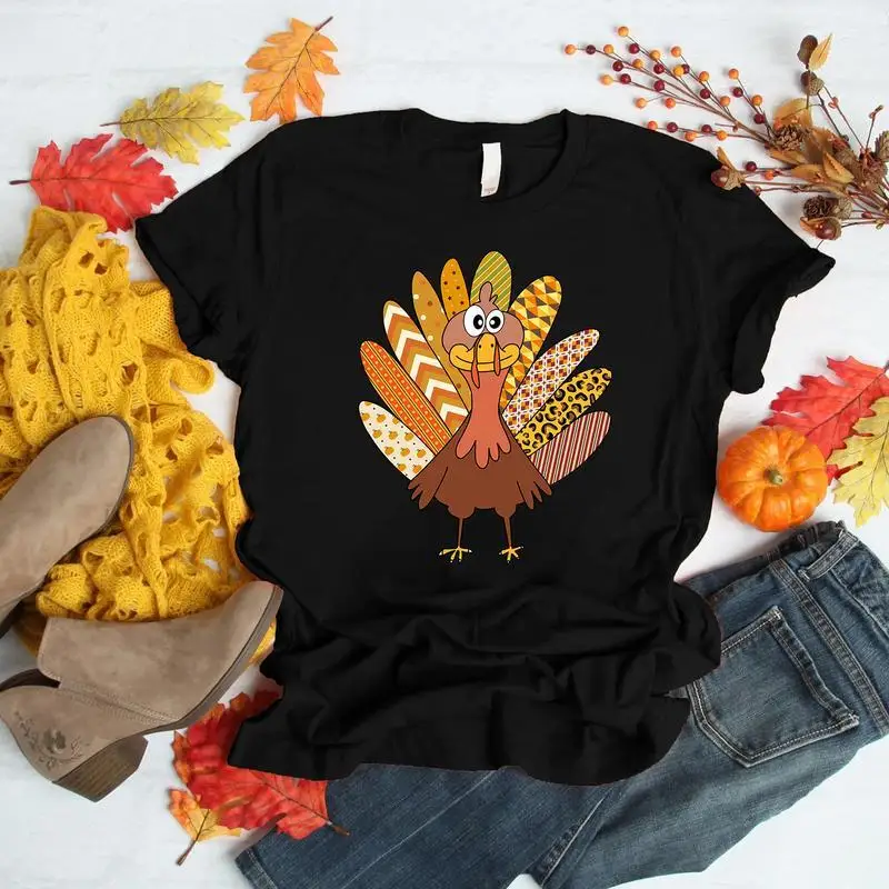 

Cute Turkey T-shirt Thanksgiving Slogan Print Funny Fall Graphic Tees Leopard Pattern Loose Tops