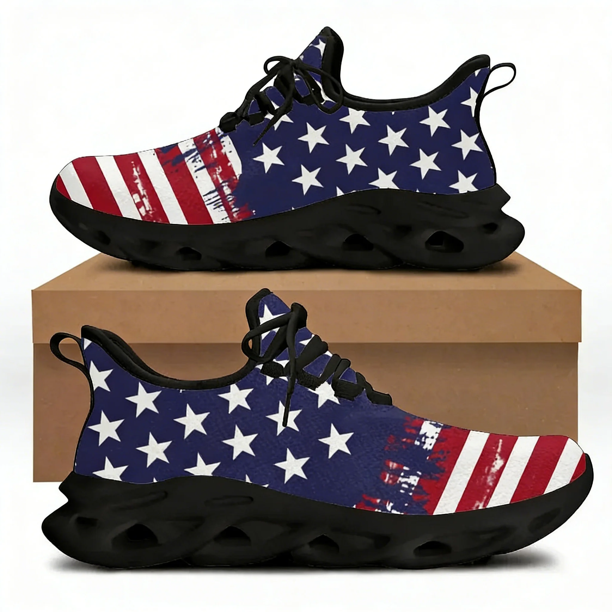 

American Flag Design Sneakers Women Unisex Patriotic US Lace-Up Shoes Spring Travel Knit Hiking Sneakers Daily Flats
