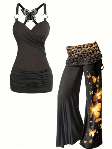 

Plus Size Black drawstring butterfly lace patchwork top tie dye wide leg pants two-piece set