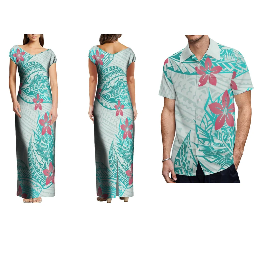 Polynesian Floral Print Samoa Hawaiian Island Couple Dress Summer Short Sleeve Ladies Long Skirt Slim Temperament Slit Dress