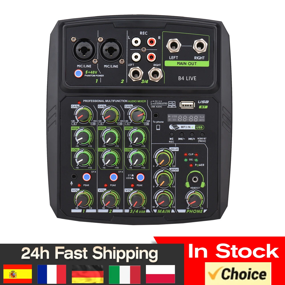 4-Channel Audio Mixer Mixing Console LED Screen Built-in Soundcard USB BT Connection with 2-band EQ Gain Delay Repeat Control