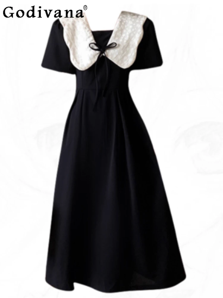 

Large Size Women Summer French Sweet Peter Pan Collar Short Sleeve Dress Korean Lace-up High Waist A-line Cute Bow Long Dresses