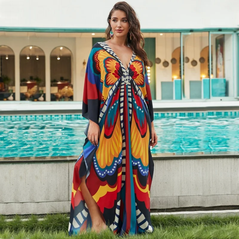 

Women Dress for Beach Outing Kaftan Tunic Kimono Loose Swimsuits Bikinis Cover Up Long Swimsuits Dresses Boho Skirt Print