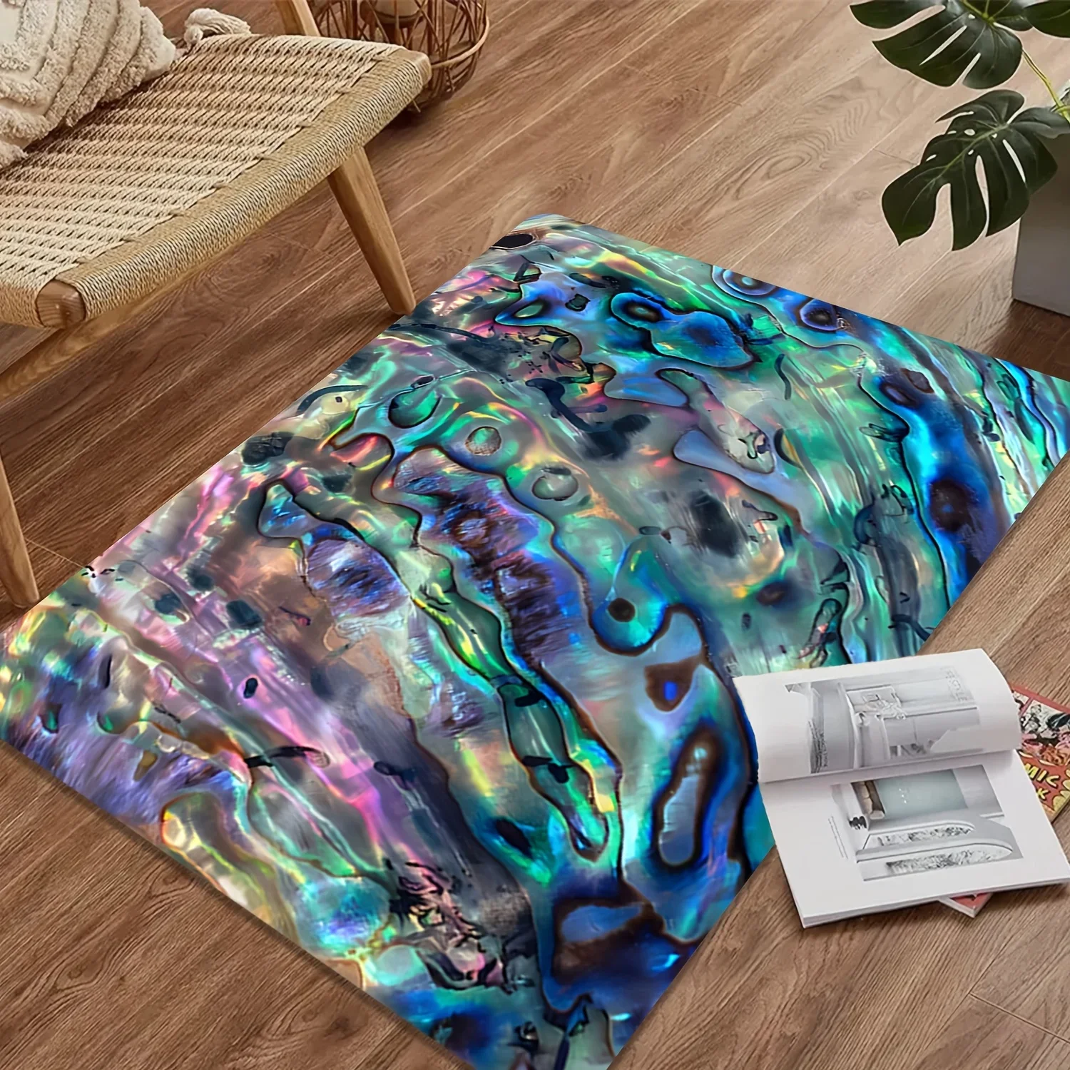 Iridescent Abalone Shell Doormat Luxury Flannel Rug, Pearlized Shimmer Non-Slip Washable Door Carpet for Home Decor